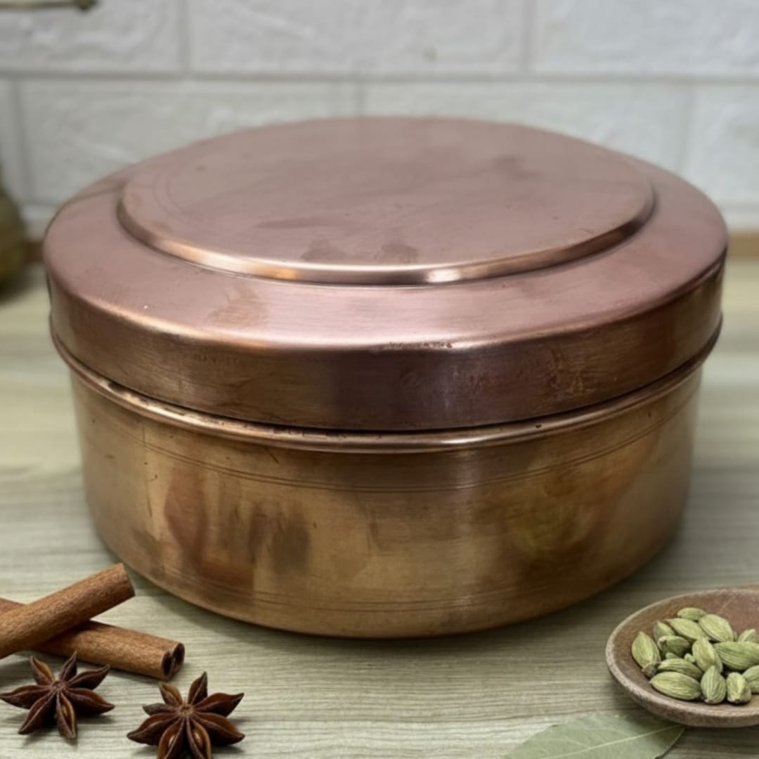 1981 Antique Brass Chapati Box | Large Food Storage & Tabletop Brassware