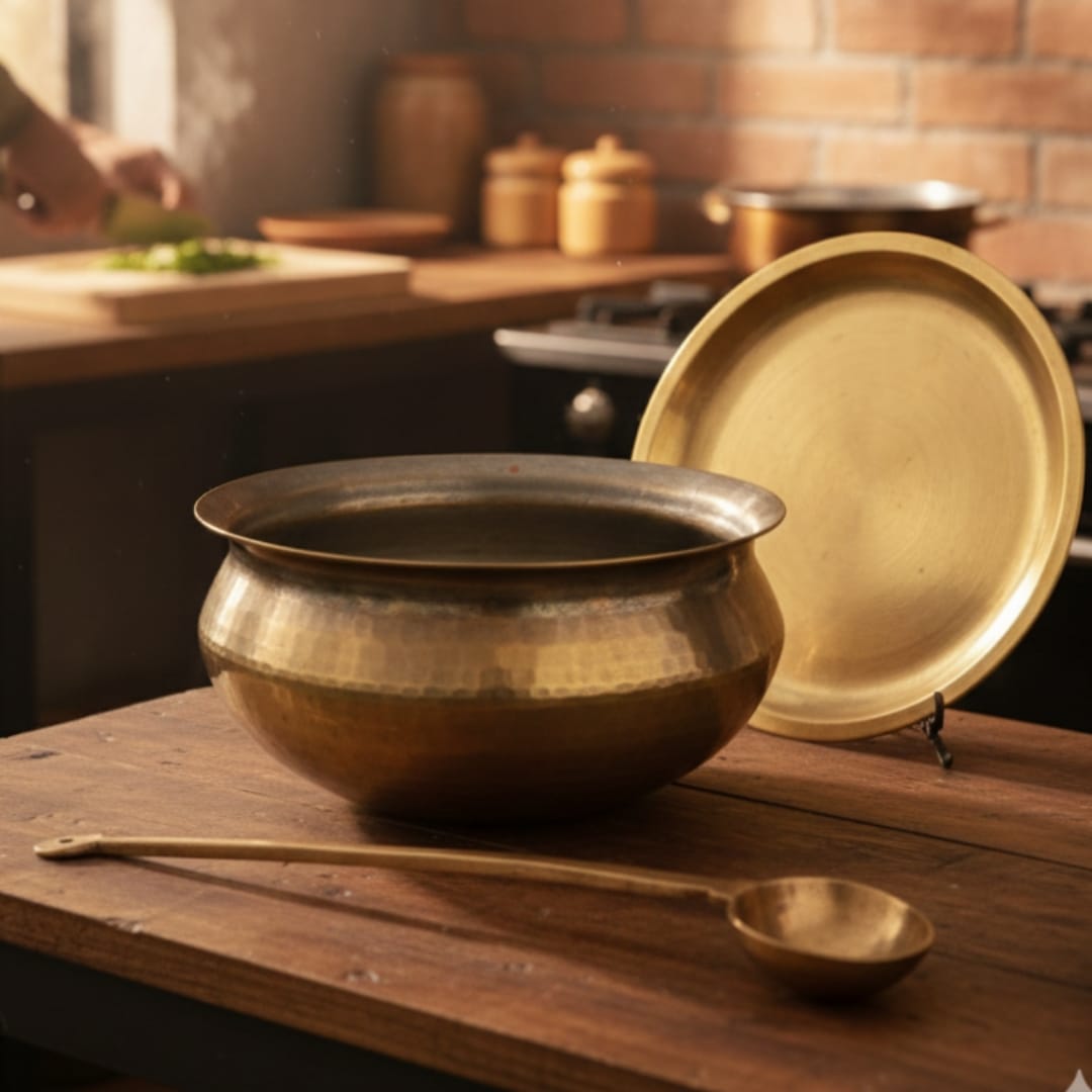 1981 Antique Brass Cooking Bowl with Lid & Ladle | Large Brass Cookware Set - Bombay Antiques
