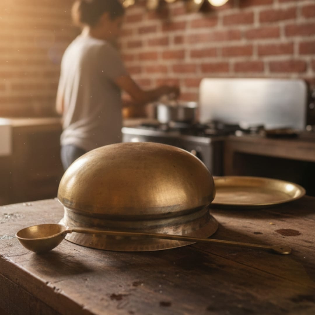 1981 Antique Brass Cooking Bowl with Lid & Ladle | Large Brass Cookware Set - Bombay Antiques