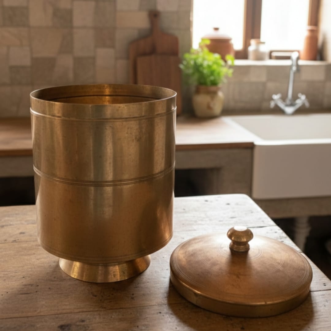 1983 Antique Brass Storage Box with Stand | Tall Brass Kitchen Container - Bombay Antiques