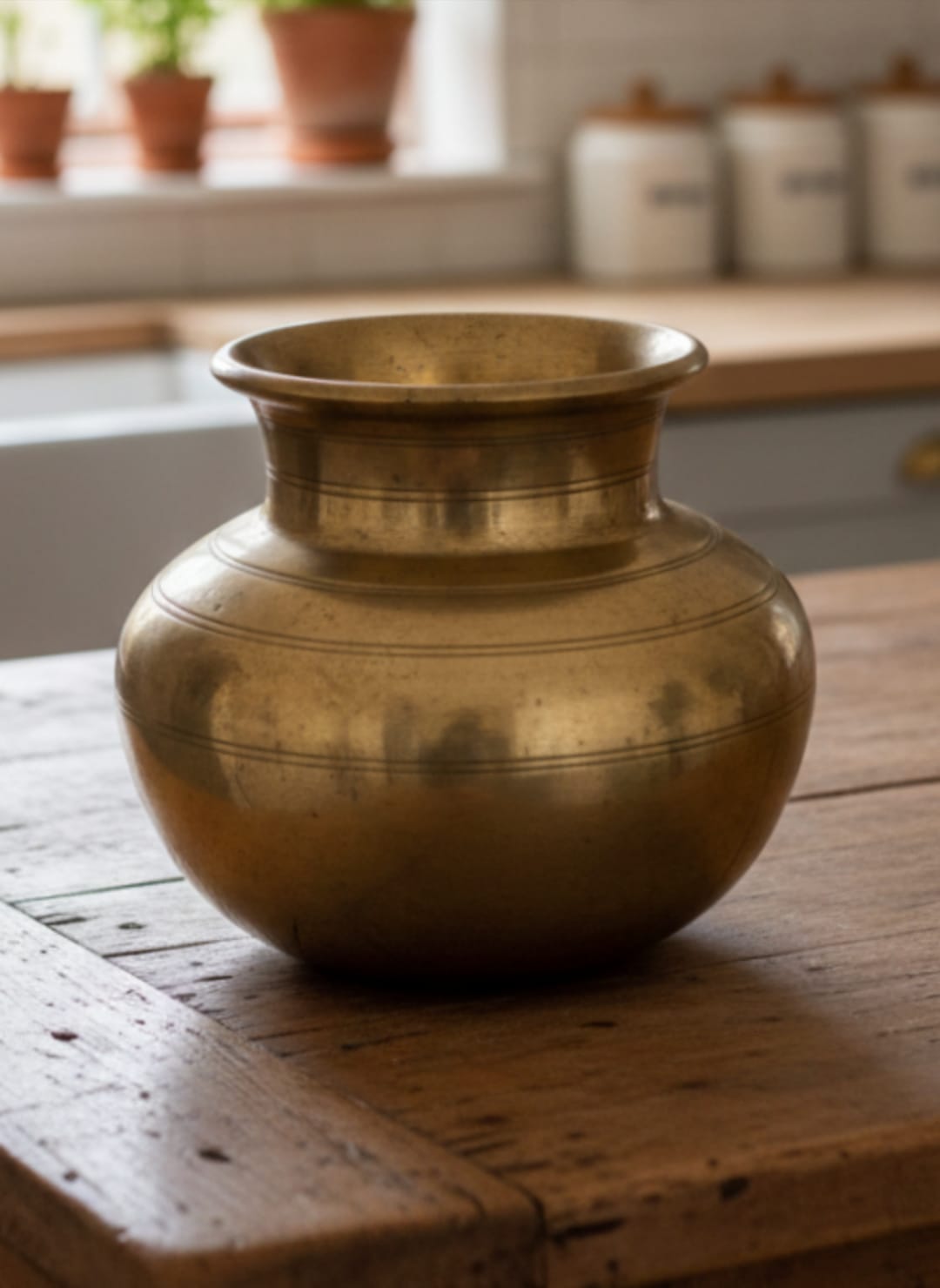 1979 Antique Brass Kalash | Compact Brass Storage & Pouring Vessel - Bombay Antiques