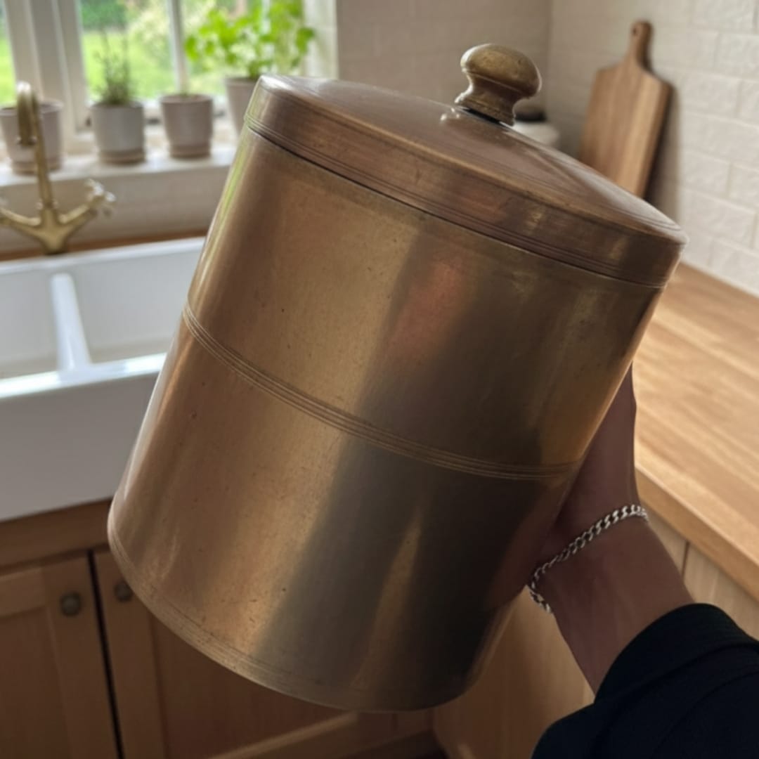 1983 Antique Brass Storage Box with Stand | Tall Brass Kitchen Container - Bombay Antiques