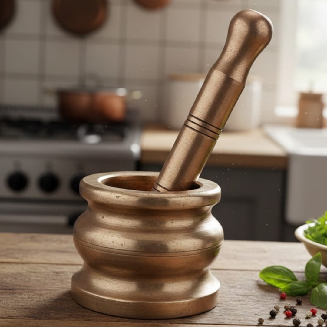 1974 Antique Brass Small Khalbatta | Traditional Grinding Tool - Bombay Antiques