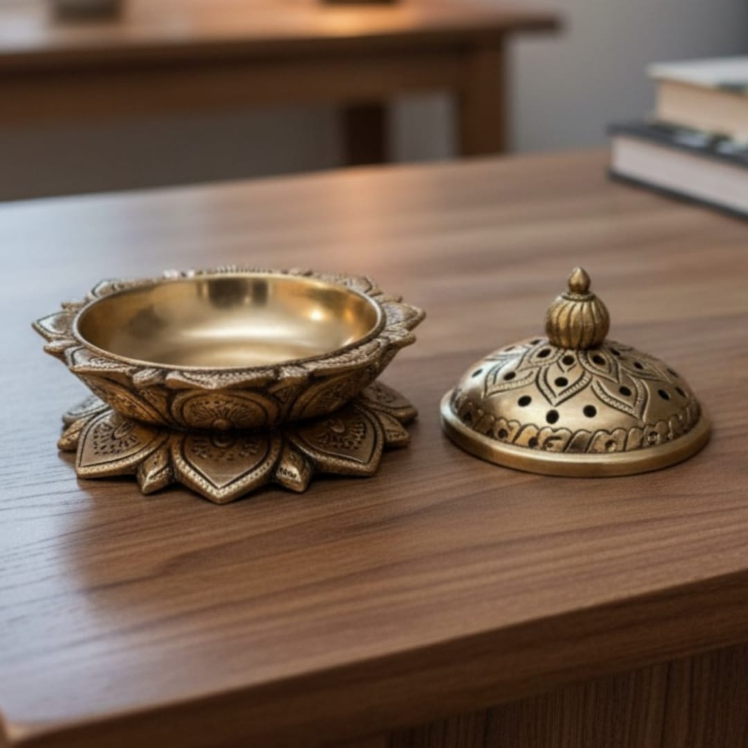 1980 Antique Brass Incense Holder | Heavy Brass Aroma Burner - Bombay Antiques