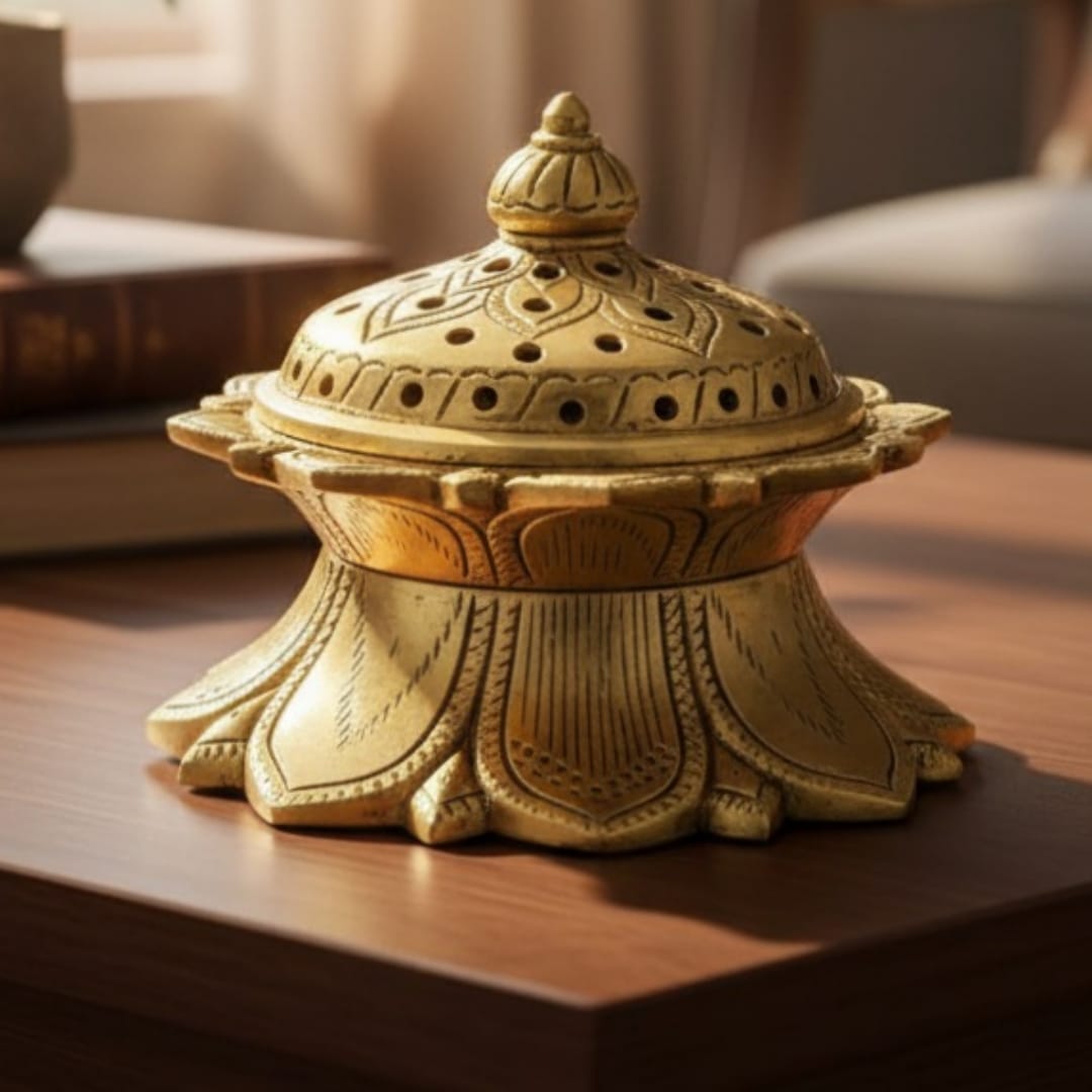 1980 Antique Brass Incense Holder | Heavy Brass Aroma Burner - Bombay Antiques