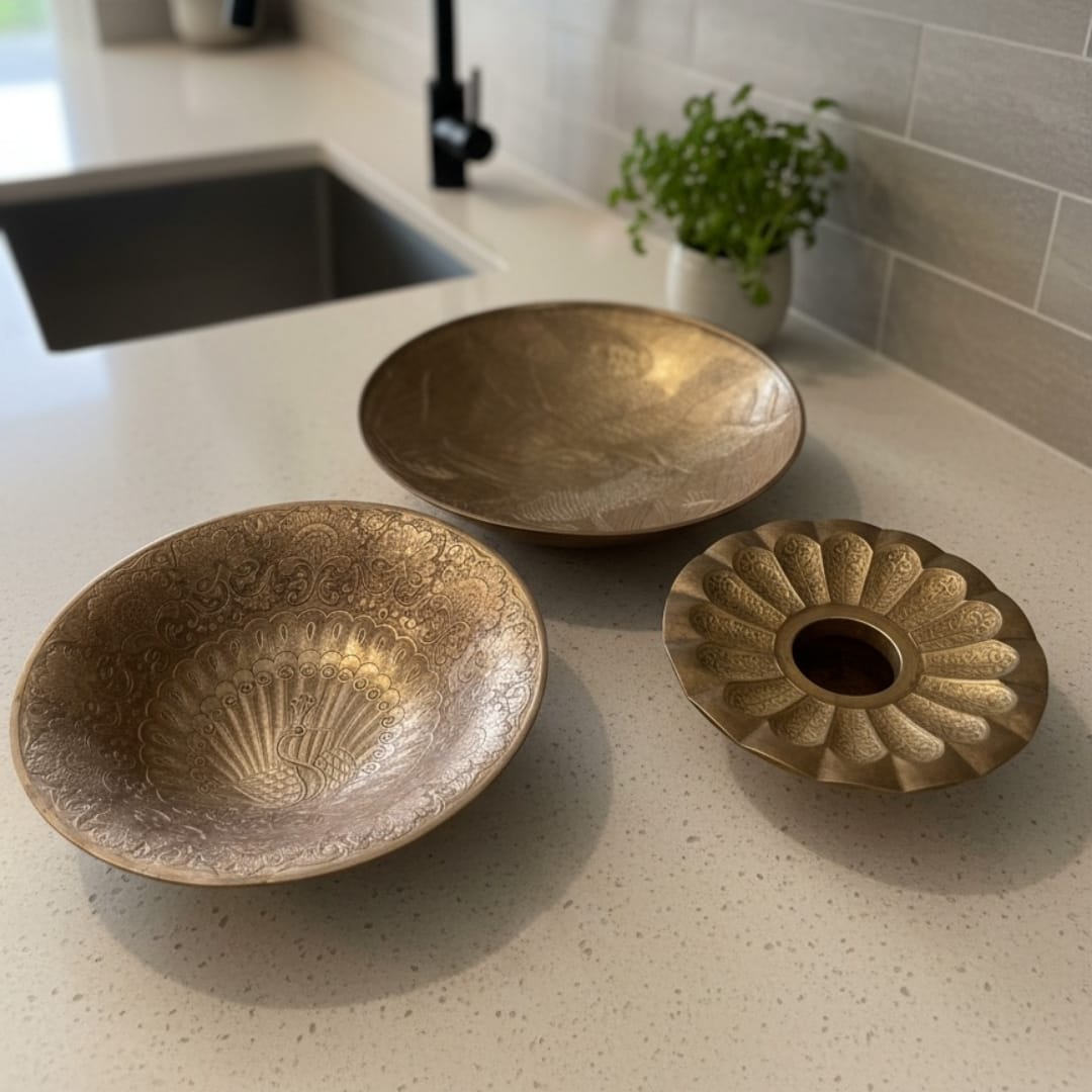 1983 Antique Brass Engraved Decor & Serving Bowl Set | Large Graduated Brass Bowls - Bombay Antiques