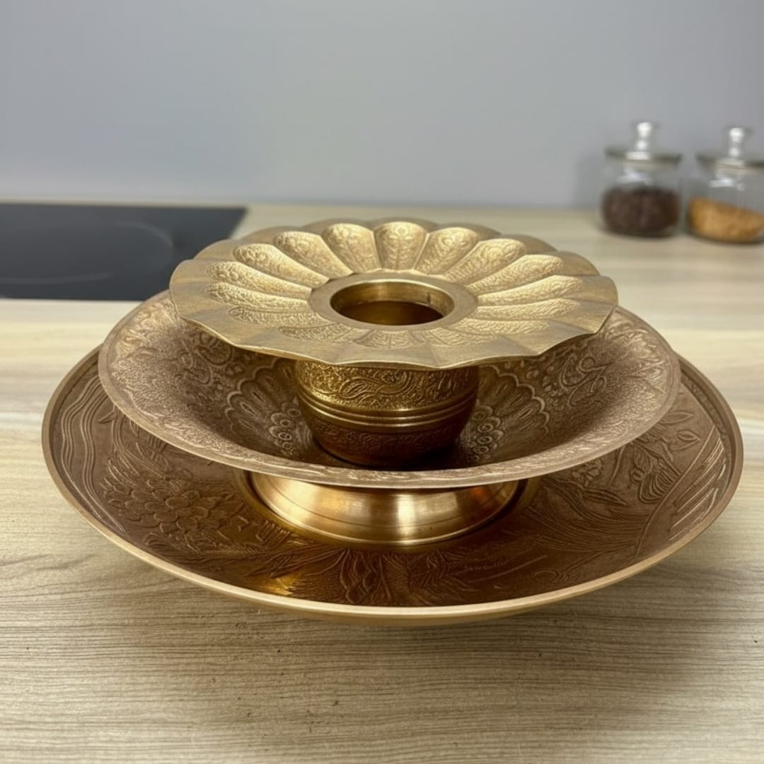 1983 Antique Brass Engraved Decor & Serving Bowl Set | Large Graduated Brass Bowls - Bombay Antiques