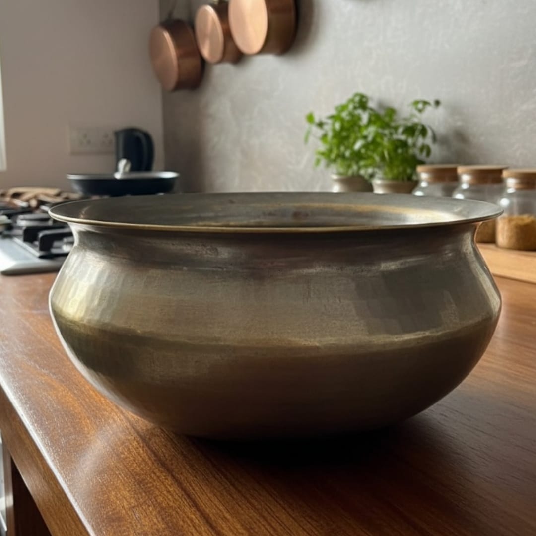 1981 Antique Brass Cooking Bowl with Lid & Ladle | Large Brass Cookware Set - Bombay Antiques