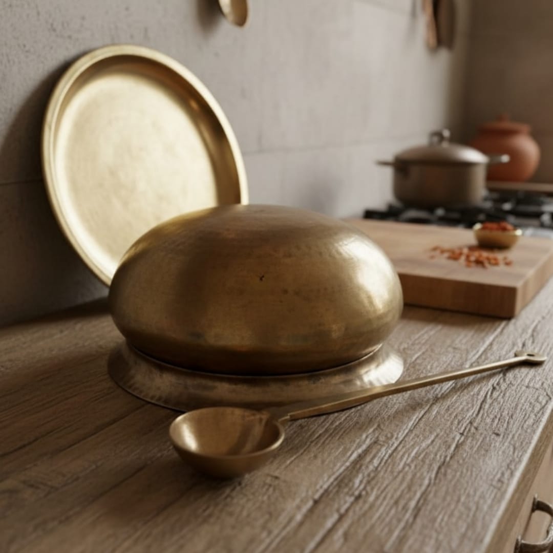 1981 Antique Brass Cooking Bowl with Lid & Ladle | Large Brass Cookware Set - Bombay Antiques