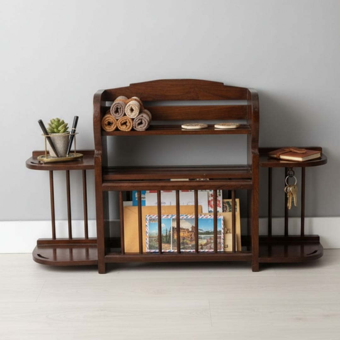 1976 Antique Teakwood Kitchen Utensils Rack | Solid Wall-Mounted Storage Shelf