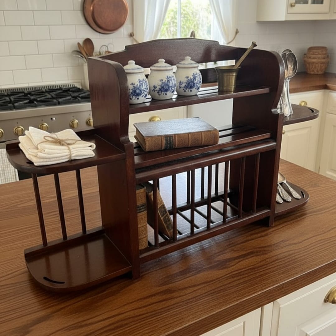 1976 Antique Teakwood Kitchen Utensils Rack | Solid Wall-Mounted Storage Shelf