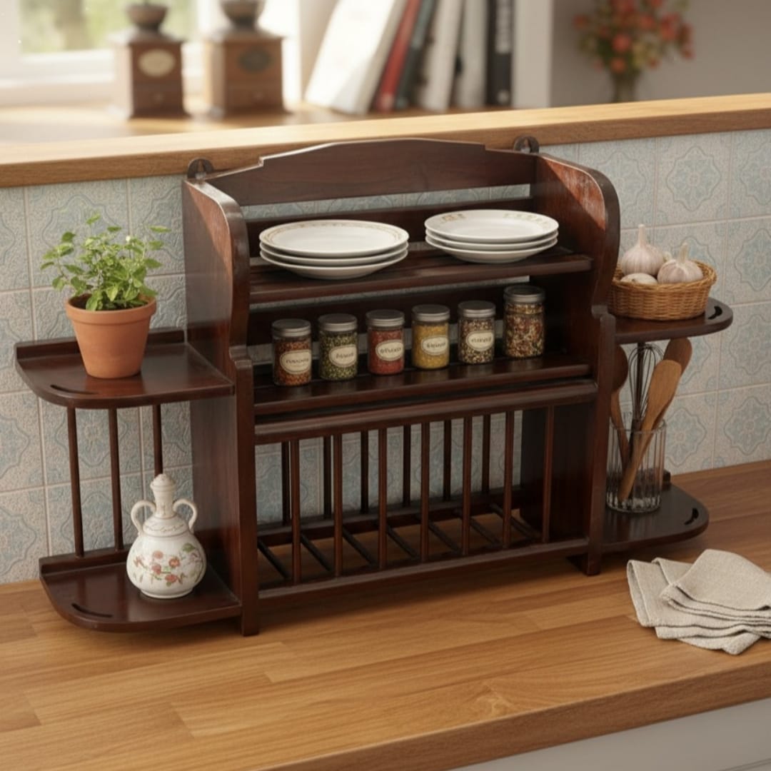 1976 Antique Teakwood Kitchen Utensils Rack | Solid Wall-Mounted Storage Shelf