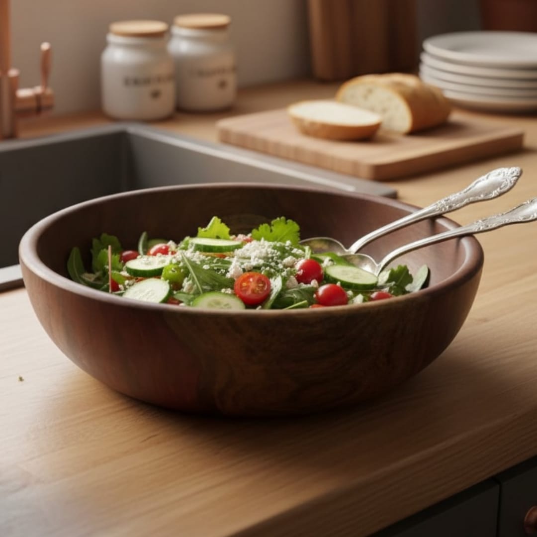 1979 Big Antique Rosewood Bowls Pair | Large Solid Wooden Serving Bowls