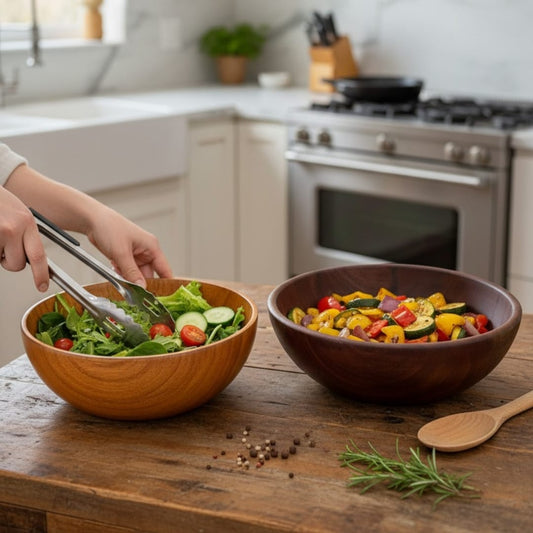 1979 Big Antique Rosewood Bowls Pair | Large Solid Wooden Serving Bowls
