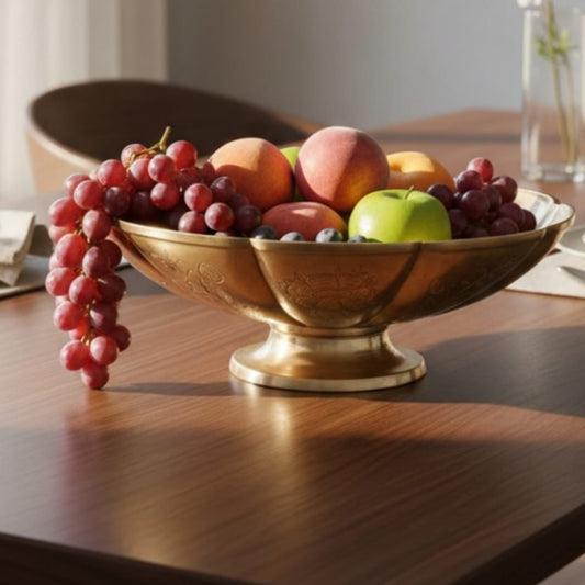 1983 Antique Brass Pedestal Fruit Bowl | Fluted Panel Centerpiece Bowl