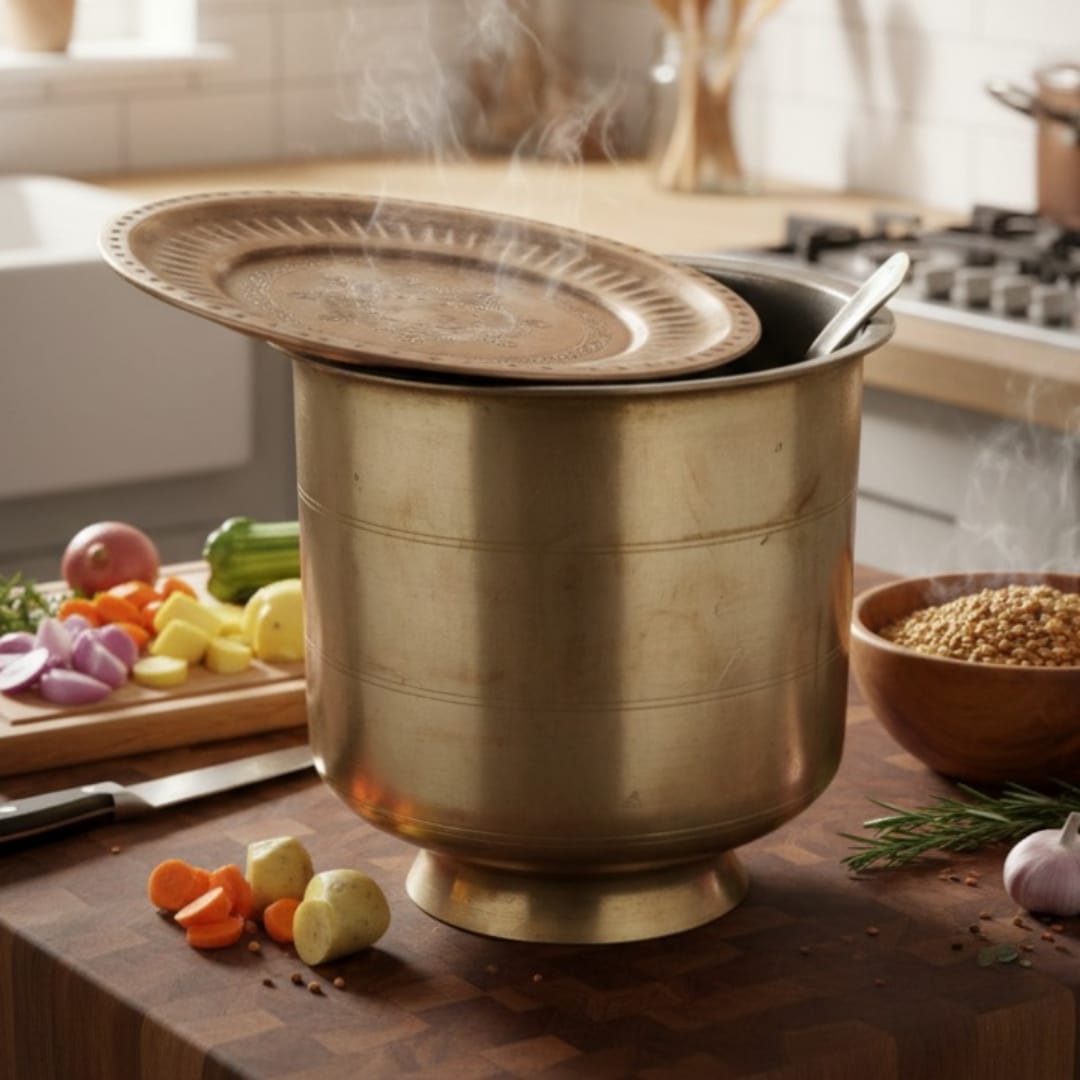 1991 Antique Brass Cooking Pot with Lid, Ladle & Stand | Solid Traditional Kitchen Vessel - Bombay Antiques
