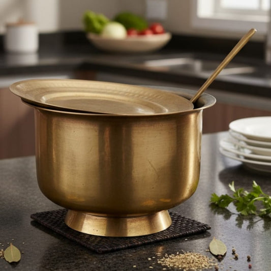 1983 Antique Brass Bhagona Cooking Set with Lid, Ladle & Stand | Traditional Cooking Vessel - Bombay Antiques