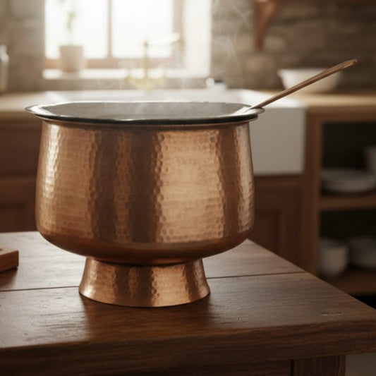 1986 Antique Brass Deg with Lid, Ladle & Stand 3.5 Litre | Compact Brass Cooking Vessel with Elevated Base - Bombay Antiques