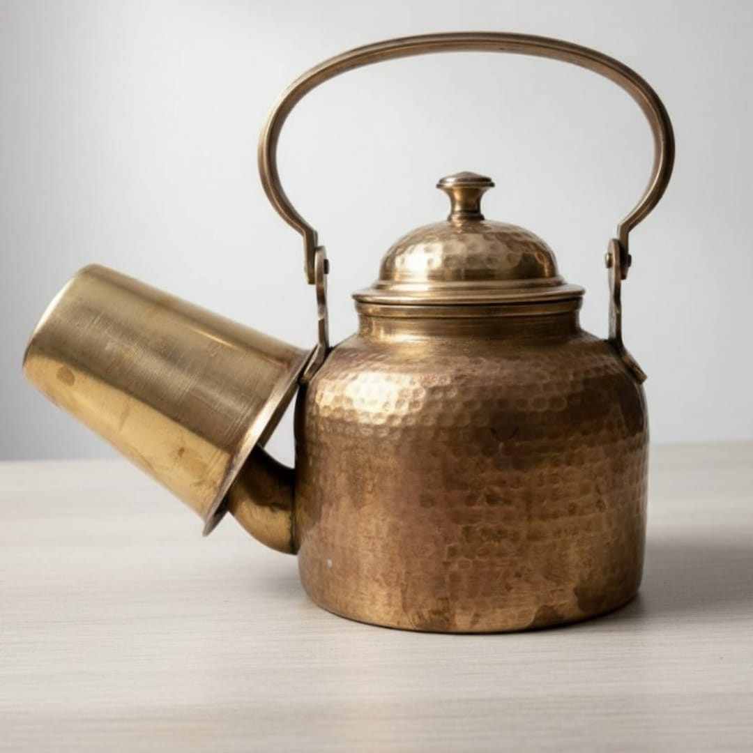 1988 Antique Brass Kettle with Matching Glass | Coordinated Tea Pouring Set - Bombay Antiques