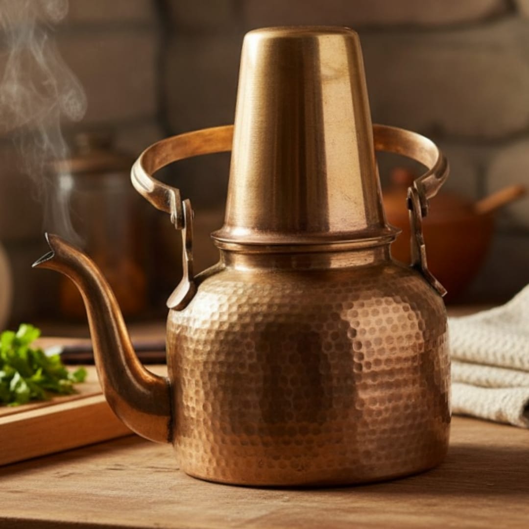 1988 Antique Brass Kettle with Matching Glass | Coordinated Tea Pouring Set - Bombay Antiques