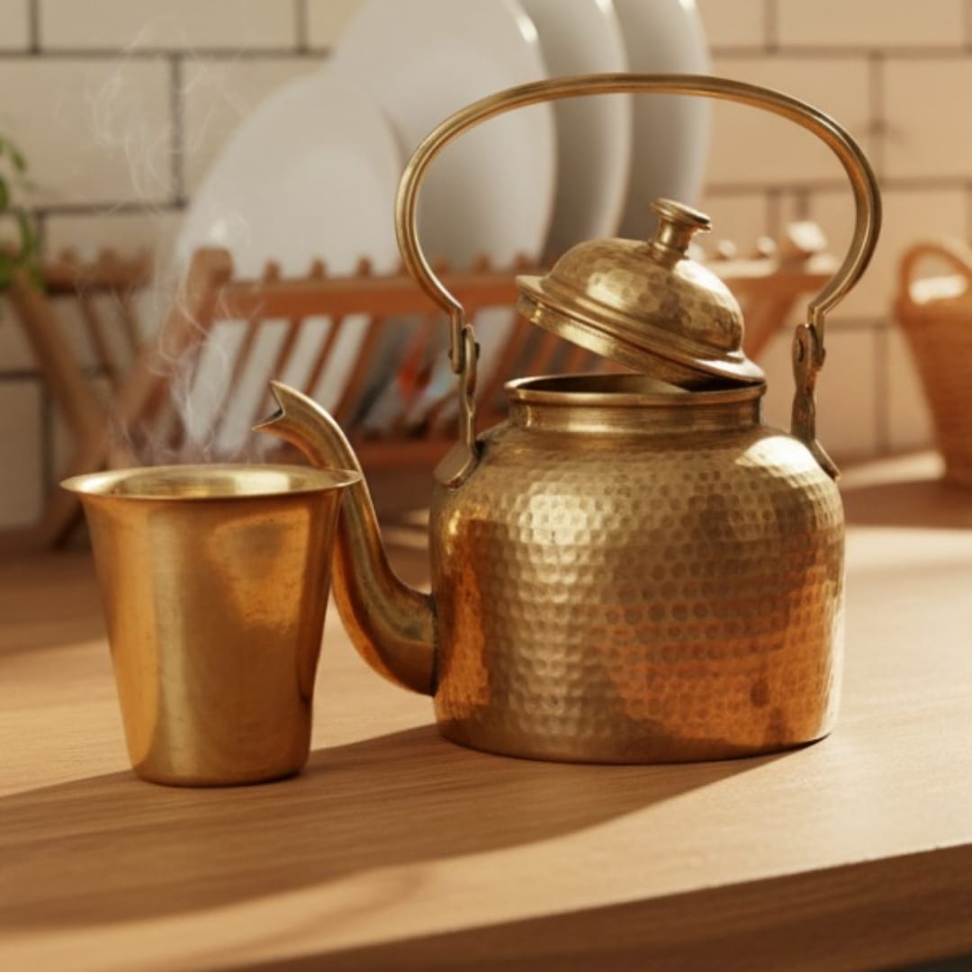 1988 Antique Brass Kettle with Matching Glass | Coordinated Tea Pouring Set - Bombay Antiques