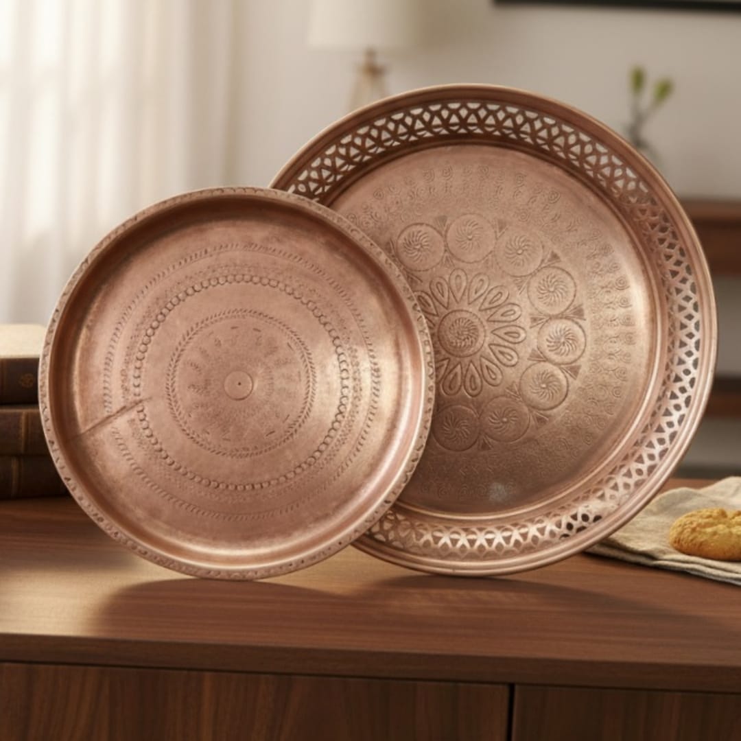 1982 Antique Brass Engraved Décor Plates in Pair | Dual Size Wall Display Set - Bombay Antiques