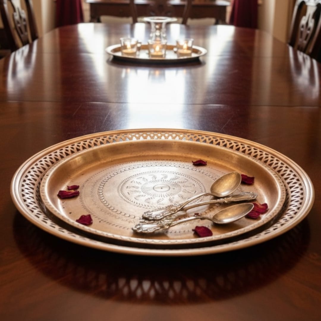 1982 Antique Brass Engraved Décor Plates in Pair | Dual Size Wall Display Set - Bombay Antiques