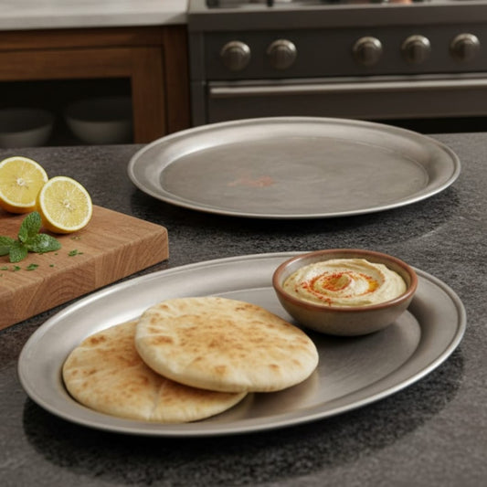 1975 Antique Brass Décor Plates in Pair | Dual Size Engraved Wall Display Plates - Bombay Antiques