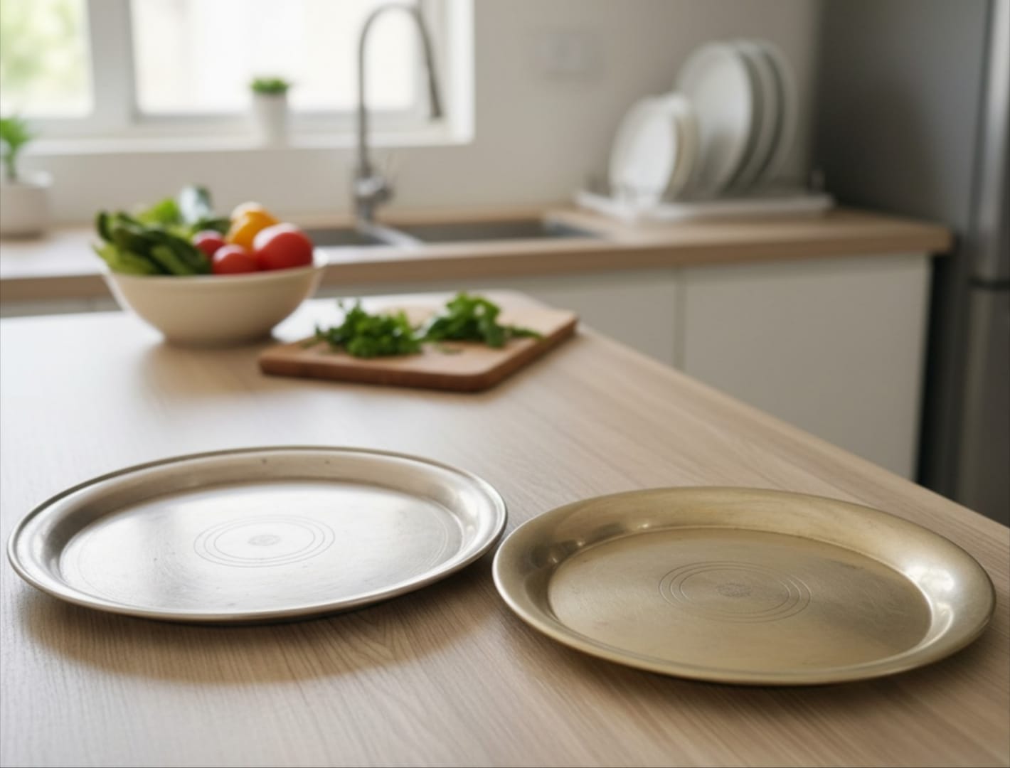 1975 Antique Brass Décor Plates in Pair | Dual Size Engraved Wall Display Plates - Bombay Antiques