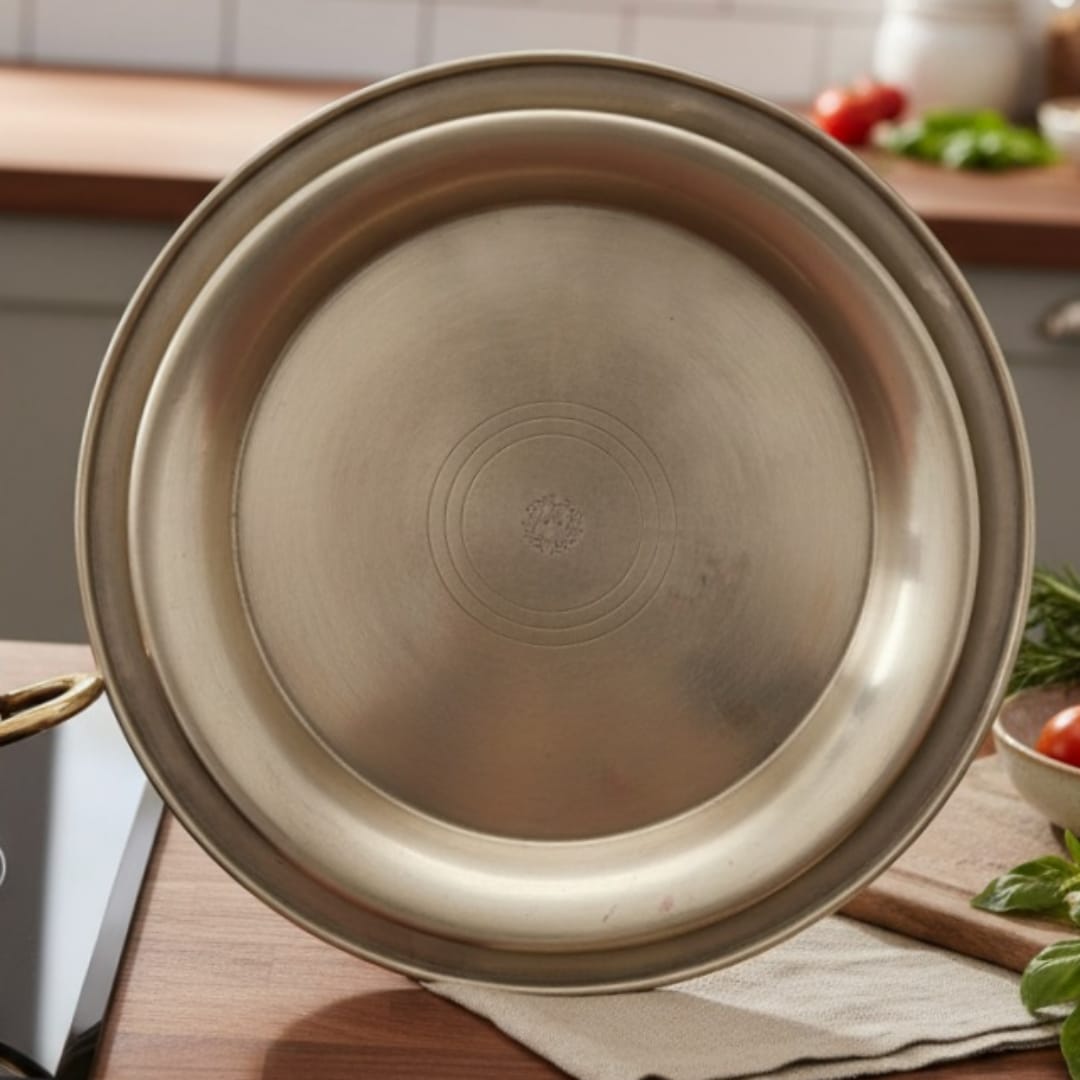 1975 Antique Brass Décor Plates in Pair | Dual Size Engraved Wall Display Plates - Bombay Antiques