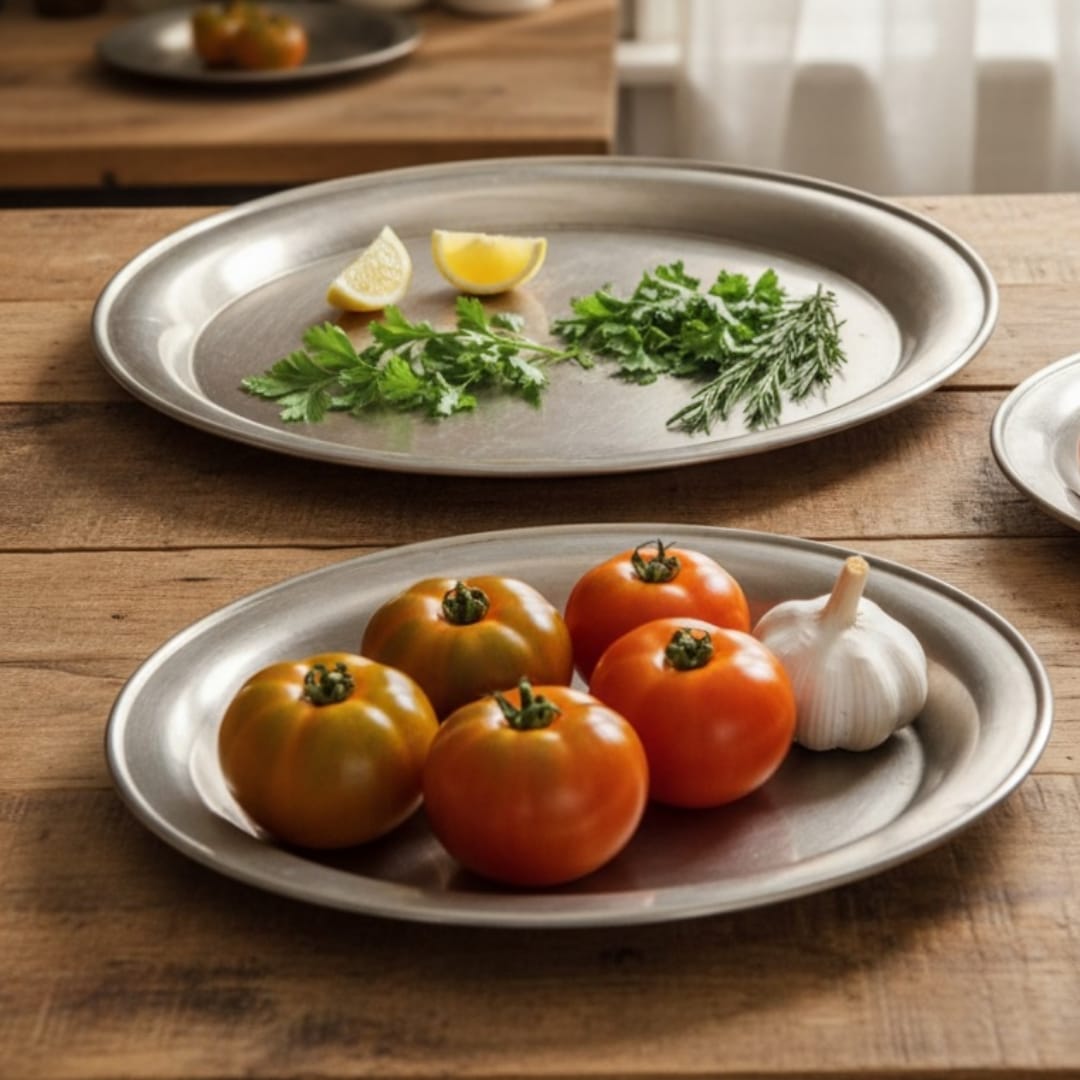 1975 Antique Brass Décor Plates in Pair | Dual Size Engraved Wall Display Plates - Bombay Antiques