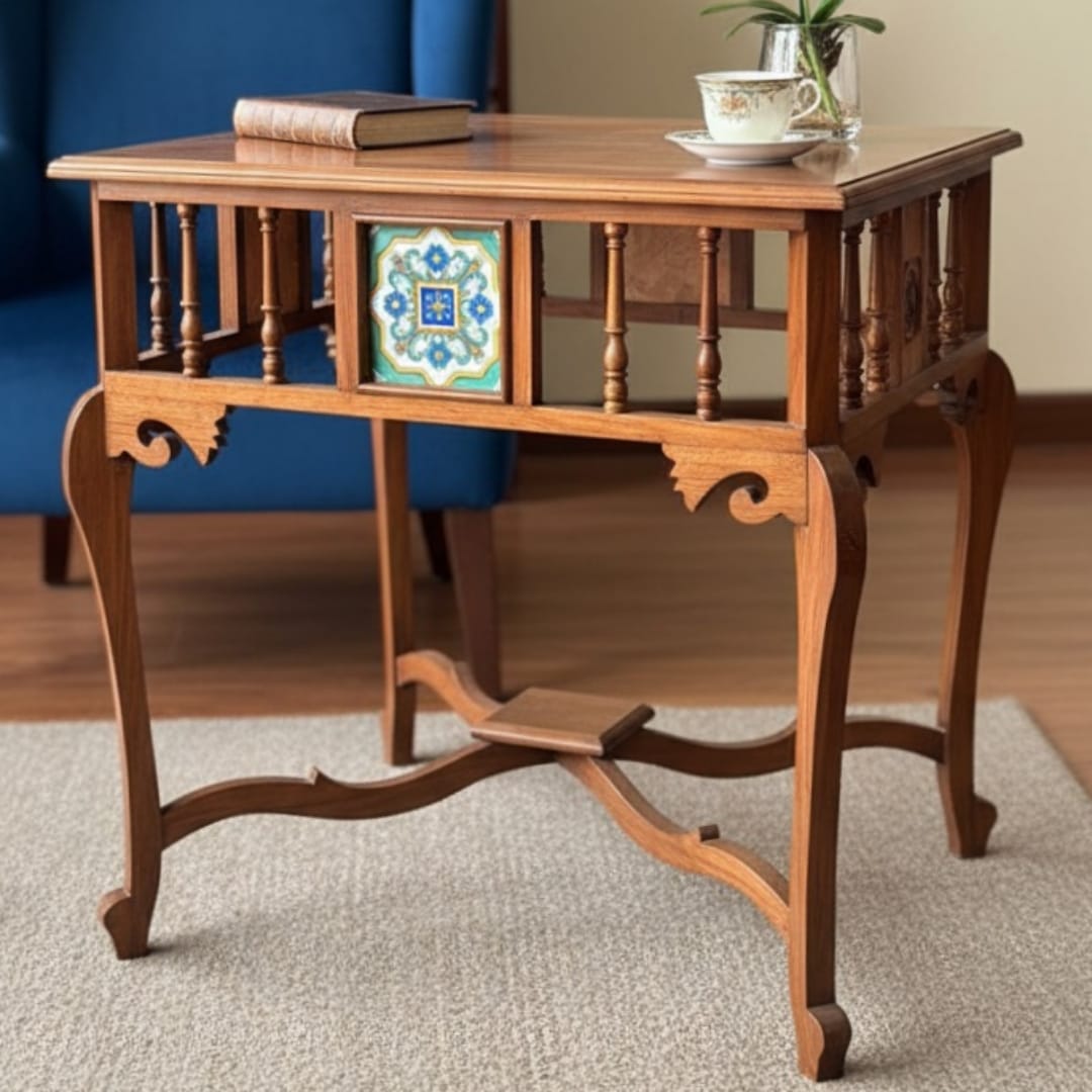 1973 Antique Wooden Side Table with Decorative Panels | 30 x 30 Inch Square Top Table - Bombay Antiques