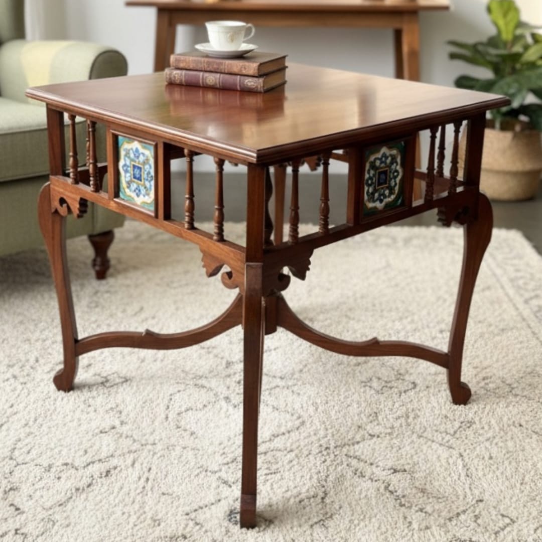 1973 Antique Wooden Side Table with Decorative Panels | 30 x 30 Inch Square Top Table - Bombay Antiques