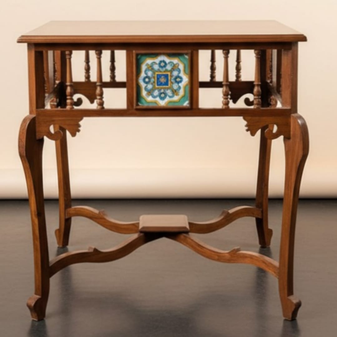 1973 Antique Wooden Side Table with Decorative Panels | 30 x 30 Inch Square Top Table - Bombay Antiques