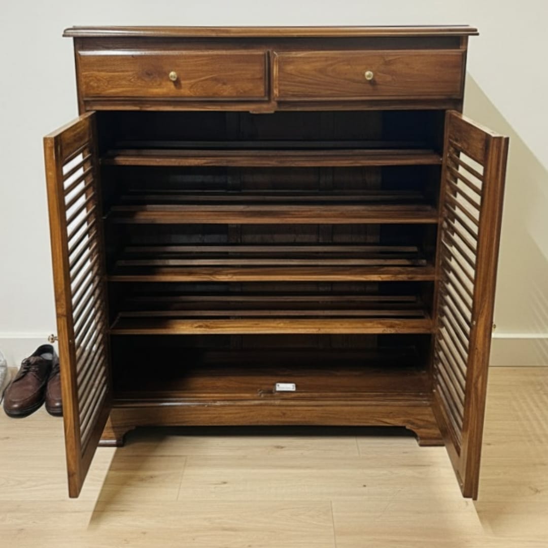 1996 Antique Teakwood Louvered Storage Cabinet | Wooden Sideboard Cabinet - Bombay Antiques