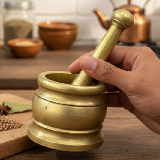 1967 Antique Brass Khalbatta | Brass Mortar and Pestle Set - Bombay Antiques