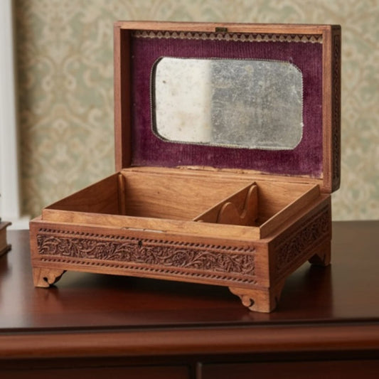 1976 Antique Teakwood Jewelry Box Kashmiri Design | Decorative Wooden Storage Box