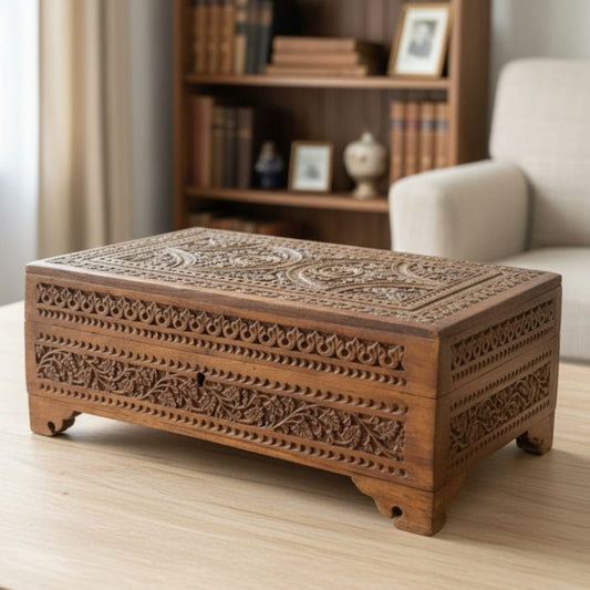 1976 Antique Teakwood Jewelry Box Kashmiri Design | Decorative Wooden Storage Box