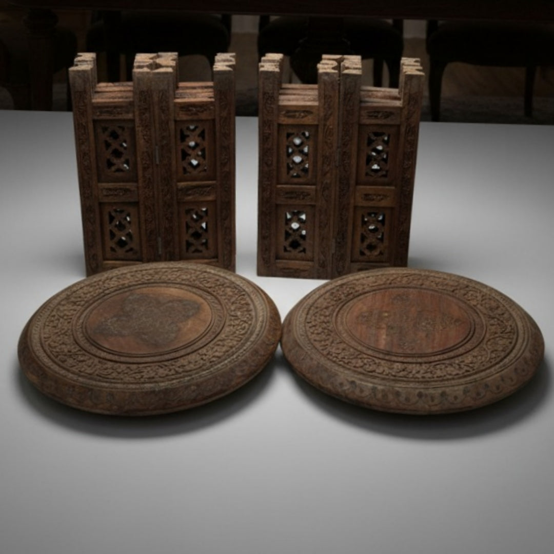 Antique Teakwood Kashmiri Foldable Table in Pair | Decorative Wooden Accent Set | Made in 1971 - Bombay Antiques