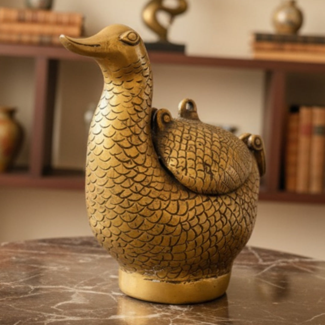 Antique Peetal Engraved Duck Storage Box | Brass Duck Shape Collectible Box | Made in 1965 - Bombay Antiques