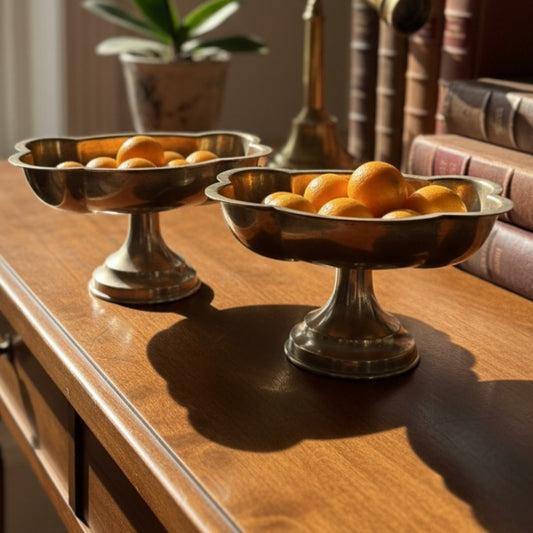 Antique Peetal Silver Coated Pedestal Fruit Bowl Set | Brass Silver Scallop Serving Bowl Pair | Made in 1977 - Bombay Antiques