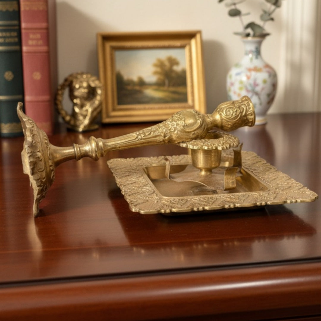 Antique Peetal Engraved Candle Holder Set of 2 | Brass Hand-Engraved Candlestick Pair | Made in 1968