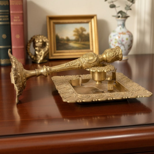 Antique Peetal Engraved Candle Holder Set of 2 | Brass Hand-Engraved Candlestick Pair | Made in 1968
