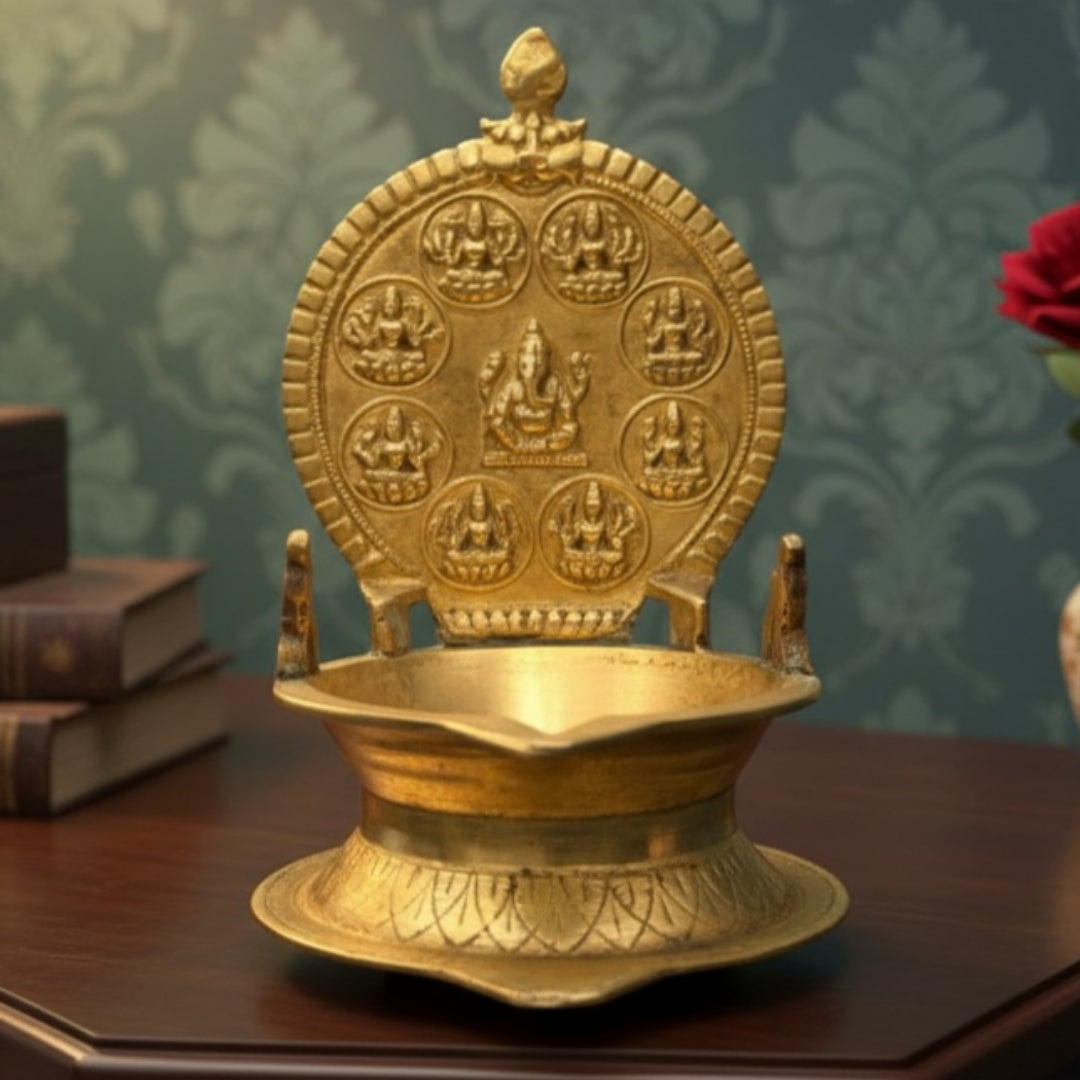 Antique Peetal Engraved Diya | Brass Engraved Decorative Oil Lamp | Made in 1970 - Bombay Antiques