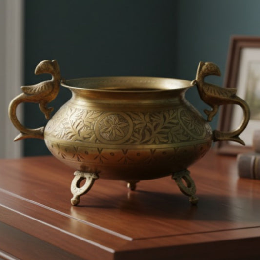Antique Peetal Engraved Peacock Pot Vase | Brass Engraved Peacock Handle Decorative Pot | Made in 1970