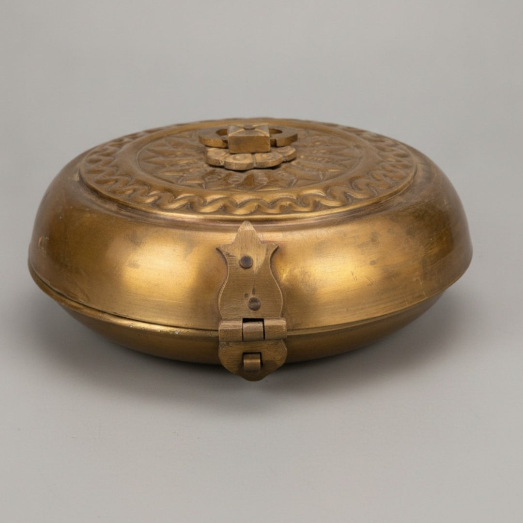 Antique Peetal Engraved Kadi Dabba | Pure Brass Decorative Storage Box with Lid | Made in 1980