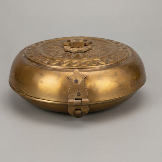 Antique Peetal Engraved Kadi Dabba | Pure Brass Decorative Storage Box with Lid | Made in 1980