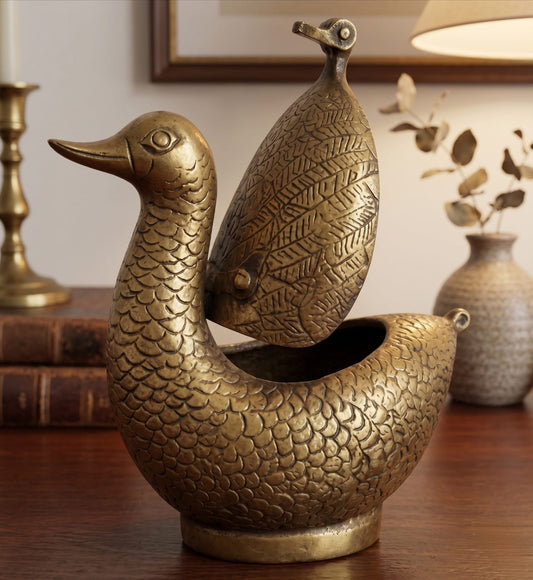 Antique Peetal Engraved Duck Storage Box | Brass Duck Shape Collectible Box | Made in 1965