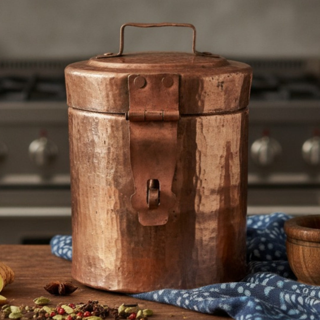 Copper Storage Box With Lock - Antique Rare Handmade Kaddi Dabba - Bombay Antiques