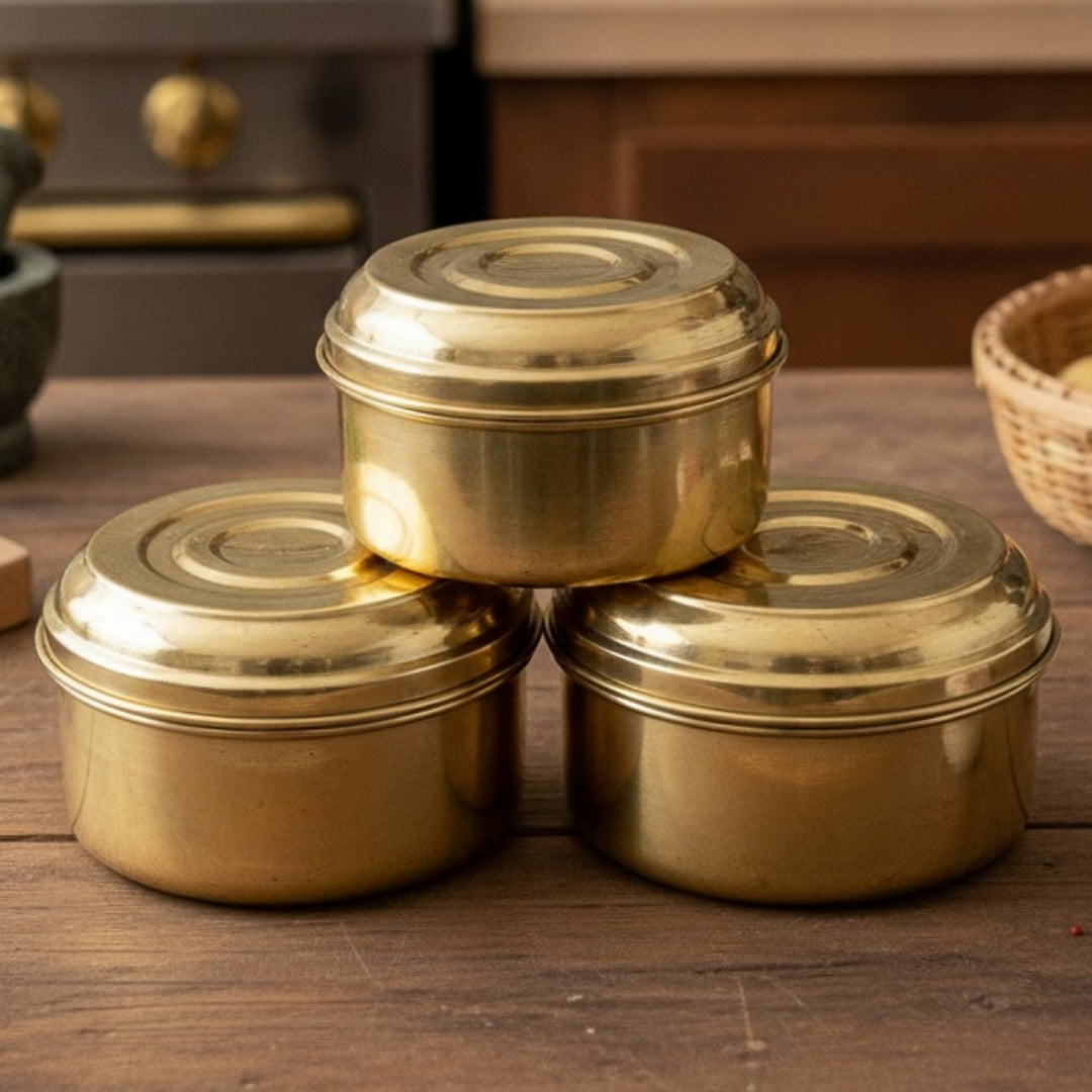 Brand New Brass Laddu box Set of 3 - Storage - Bombay Antiques